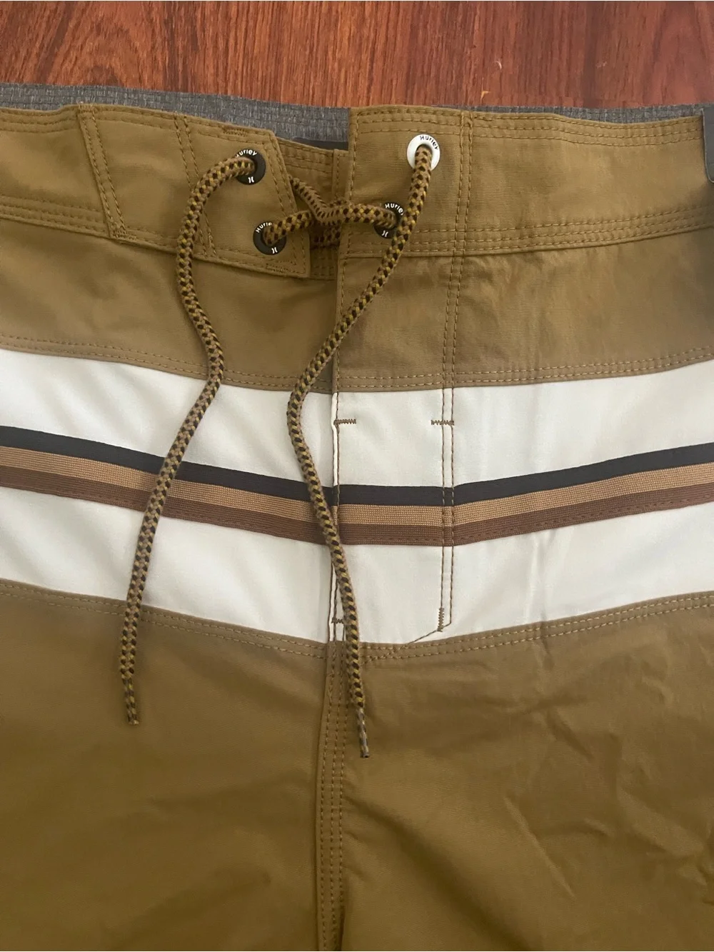 Hurley Men's Khaki Swim Shorts with White and Brown Stripes